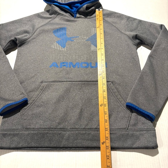 UNDER ARMOUR ColdGear Hoodie Fleece Big Logo Pocket Gray Blue Boy’s Size Youth L - Picture 6 of 8